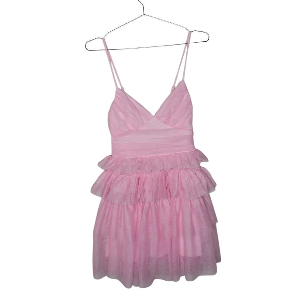 New without Tags Lulus Pink Tulle Pleated Sleeveless Tiered Mini Dress SZ XS - Picture 4 of 16